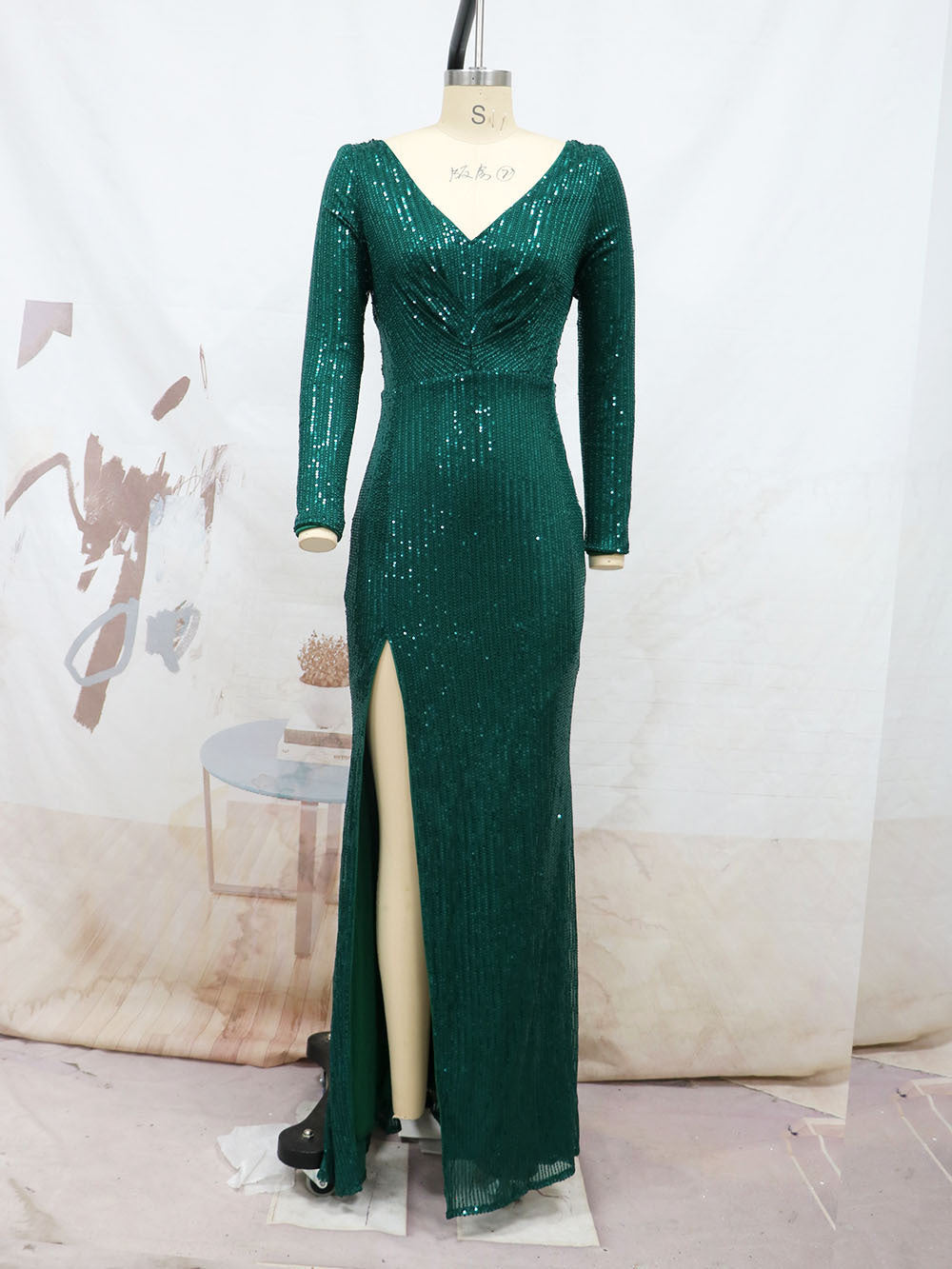 Spring Split Long Sleeve V neck Slim Fit Long Formal Dress Wedding Cocktail Party Multi Color Sequined Evening by Ragazza