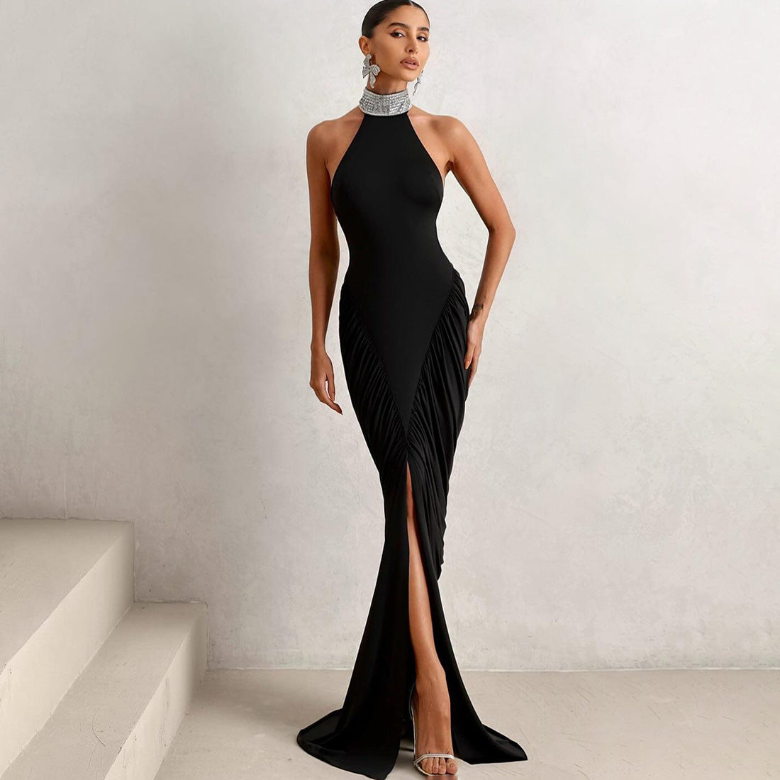 Autumn Winter Women Clothing High Class Elegant Slim Pleated Halter Backless Socialite Dress by Ragazza