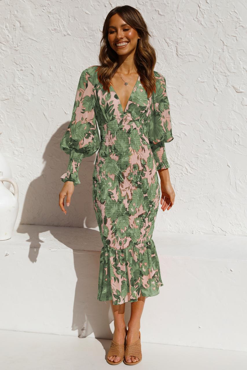 Spring Summer Office Women Elastic Waist Long Sleeve V neck Printed Flounced Dress by Ragazza