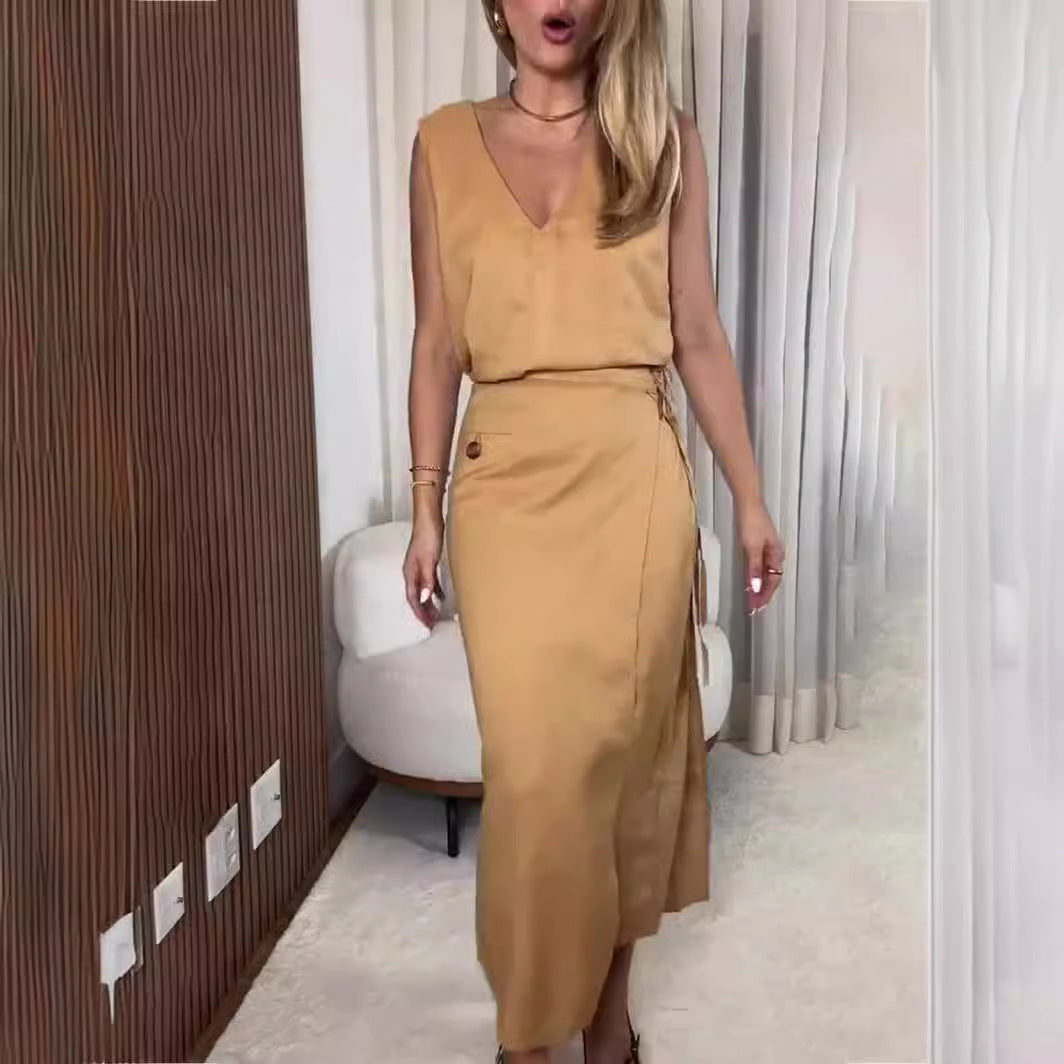 V Neck Sleeveless Irregular Asymmetric Lace Up Slim Dress Faux Two Piece Split Women Clothing by Ragazza