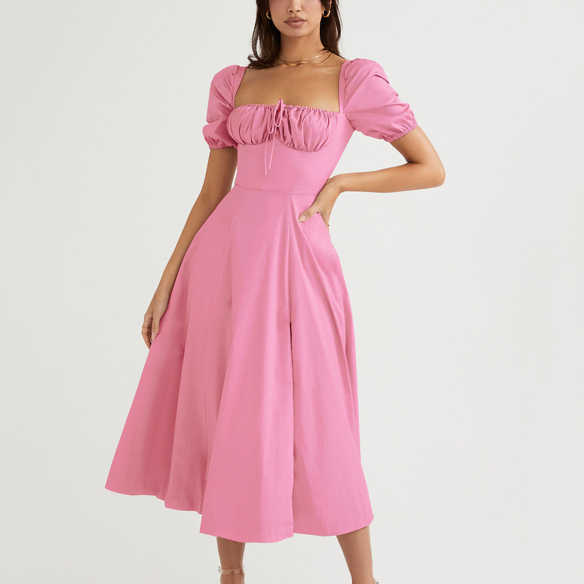 Summer Women Bubble Sleeve Solid Color Tied High Slit Maxi Dress Summer by Ragazza