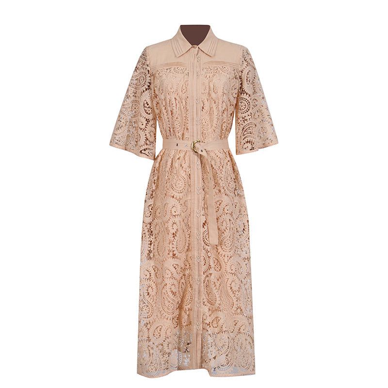 Retro Casual Elegant Dress Autumn Polo Collar Lace Hollow Out Cutout High Waist Bell Sleeve Maxi Dress Women by Ragazza