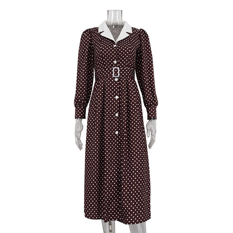Women Clothing Elegant Polka Dot Dress Collared Long Sleeve Single Breasted High Waist Office Dress by Ragazza