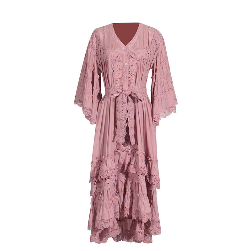 Bohemian Irregular Asymmetric Maxi Dress V neck Bell Sleeve Machine Embroidery Tied Dress Women Summer by Ragazza