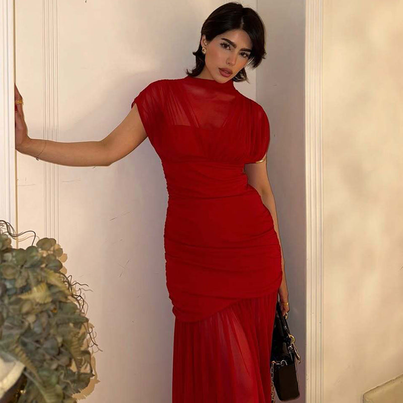 Sexy Socialite Tight Waist Close Fitting Stitching Gauzy Package Hip Maxi Dress for Women by Ragazza