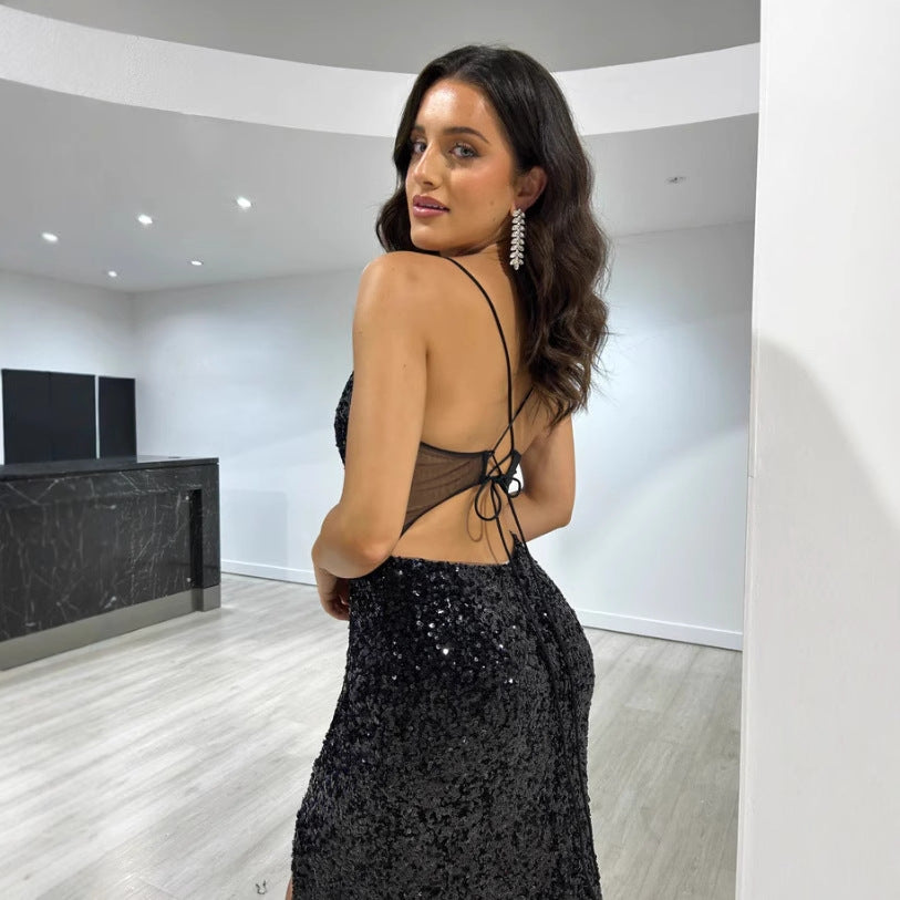 Sequined Split Sexy Sling Dress Waist Controlled Cocktail Dress Slim Fit Maxi Dress by Ragazza