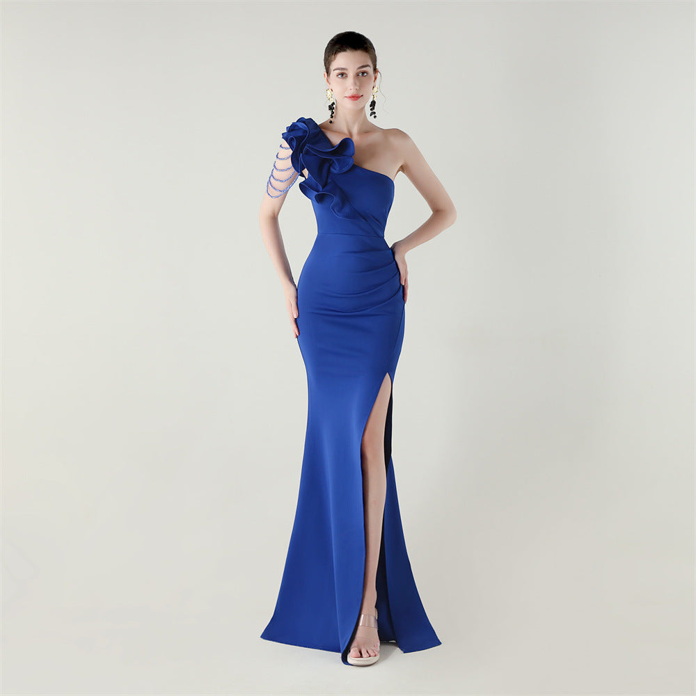 One Shoulder Craft Beading Wave Floral Satin High Slit Sexy Evening Dress Dinner Party Wedding Social by Ragazza