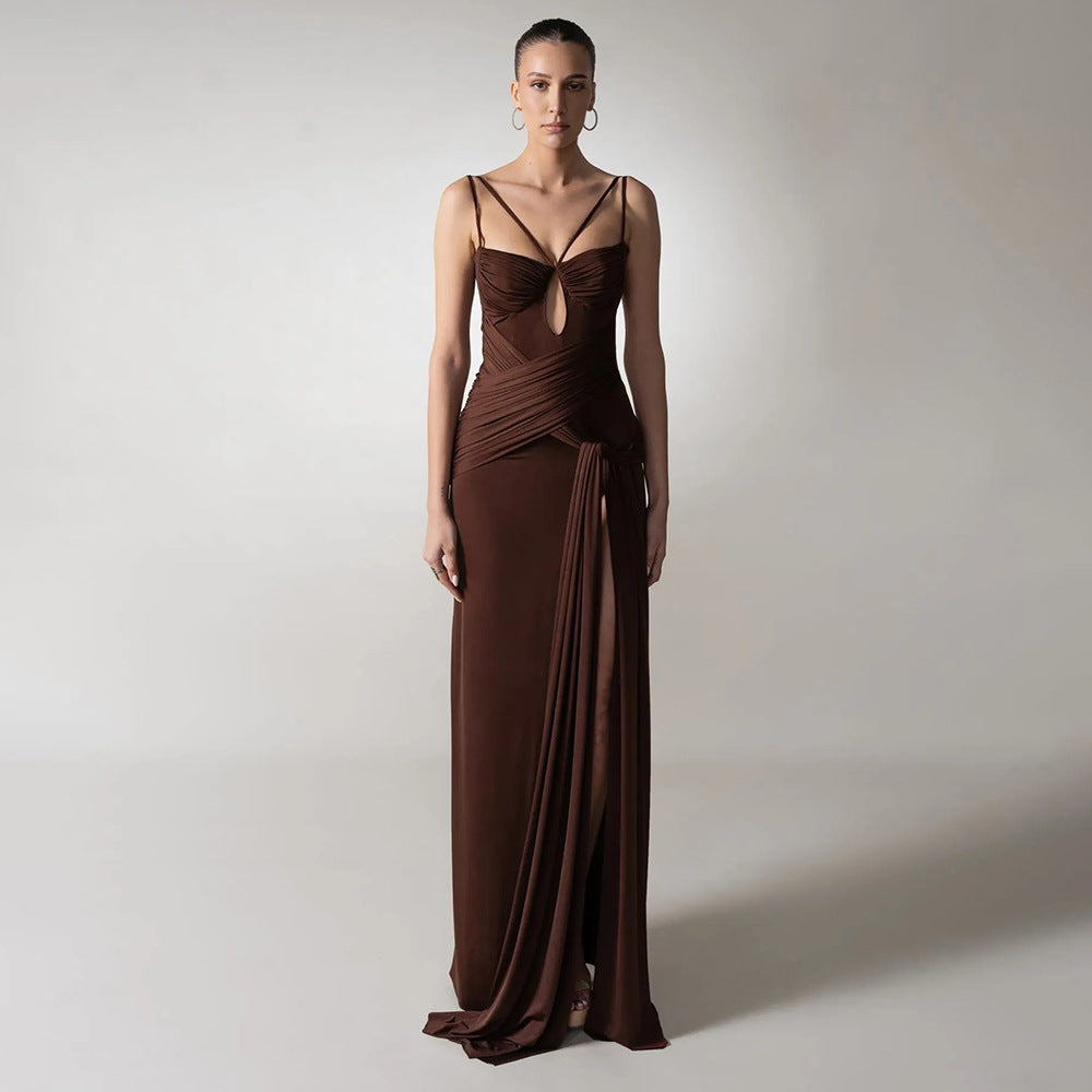 Dress Sexy Slim Fit Maxi Dress Backless Brown Pleating Ribbon Dress by Ragazza