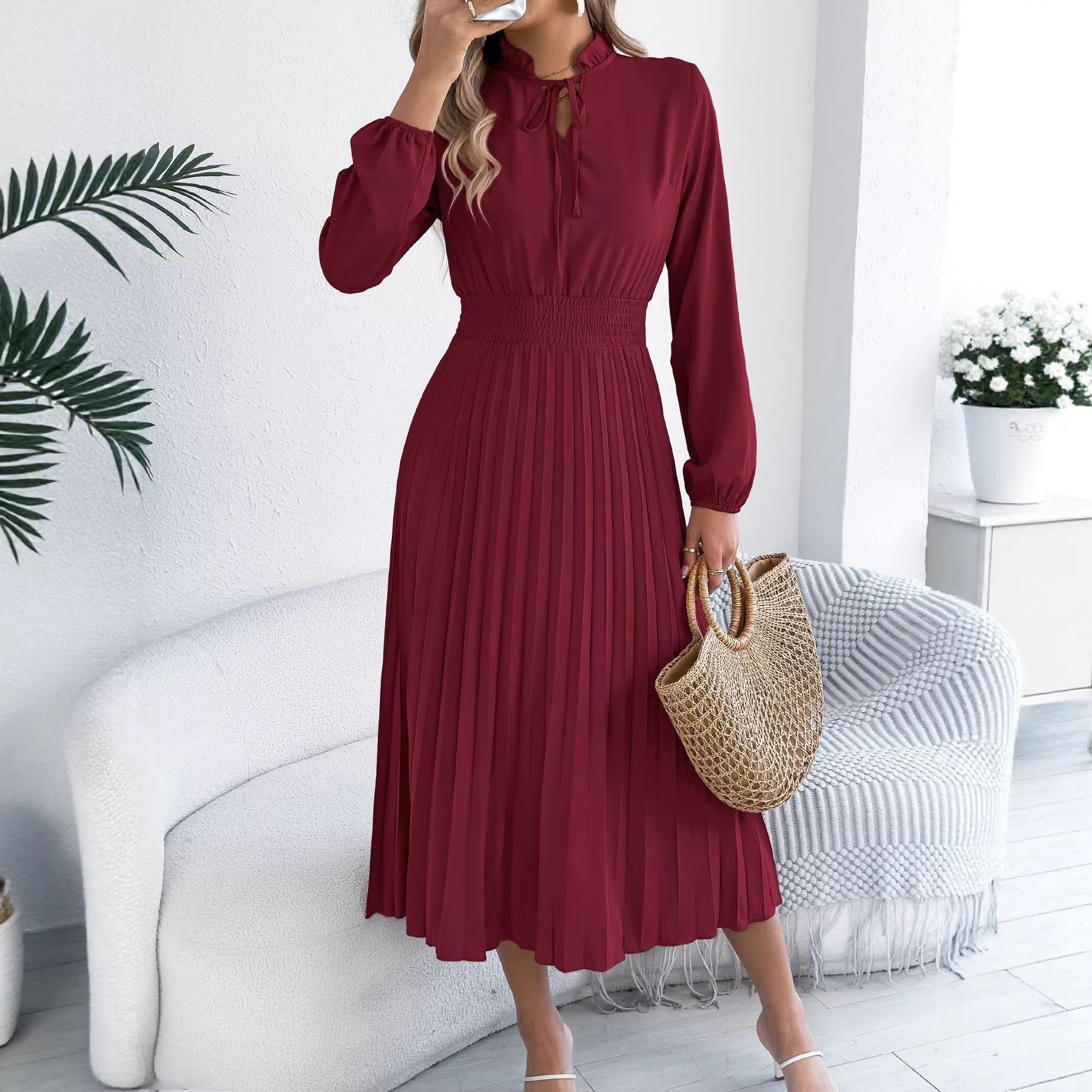 Women Clothing Spring Summer Elegant Lace up Lantern Sleeve Long Pleated Dress by Ragazza