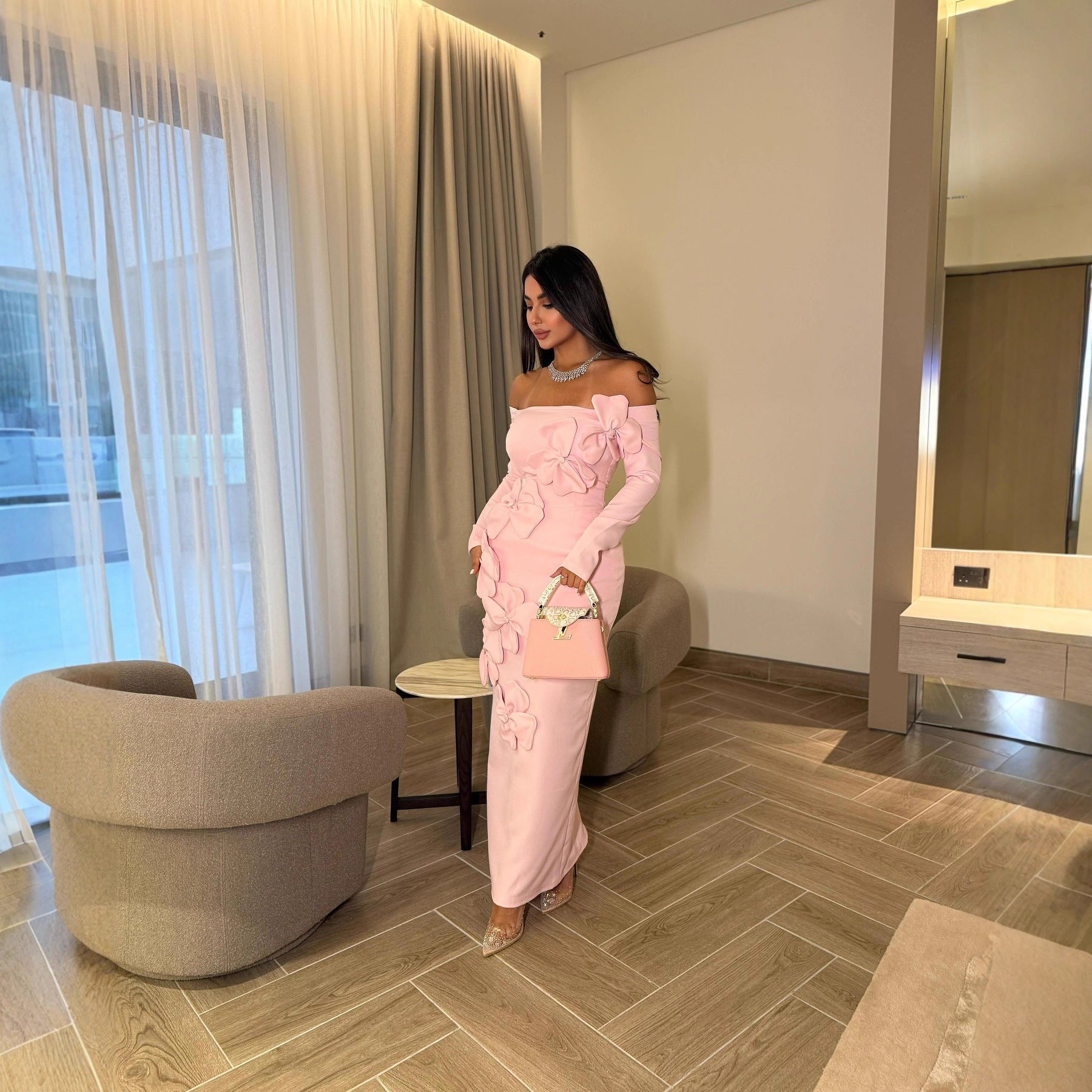 Spring Summer Middle East Elegant Sexy Sheath Three Dimensional Floral off Shoulder Long Sleeve Dress by Ragazza