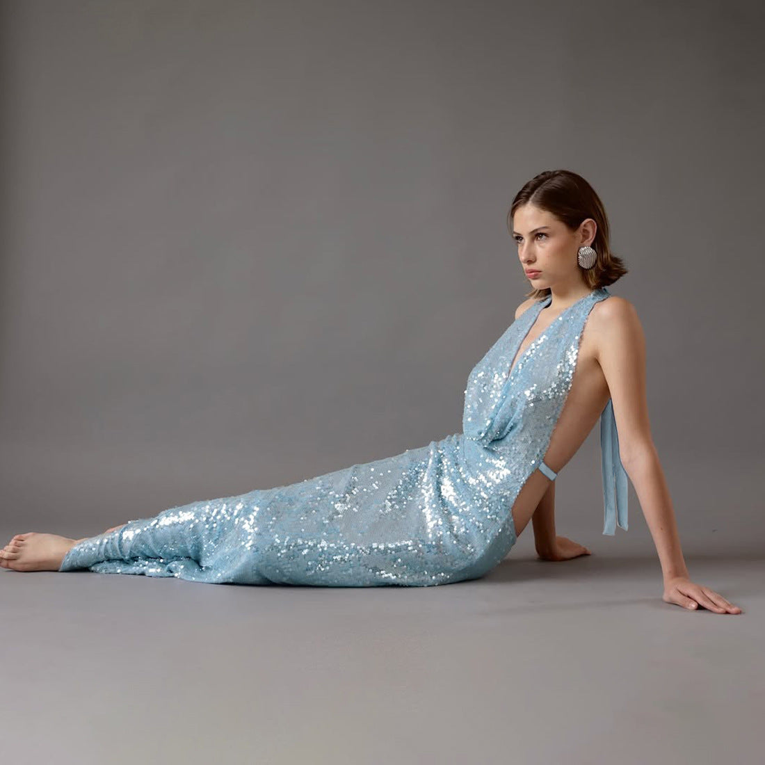 Winter Women Clothing Sequined Swing Collar Sexy Backless Halter Self Tie Slit Dress DestGlow