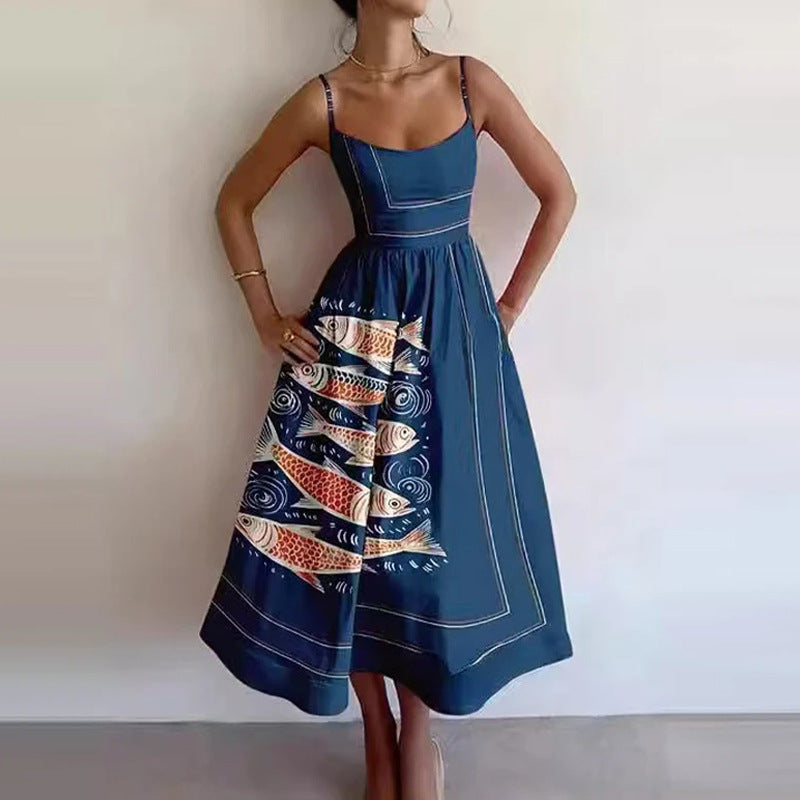 Spring Women Clothing Printing Pleated Waist Tight Large Swing Sling Dress by Ragazza
