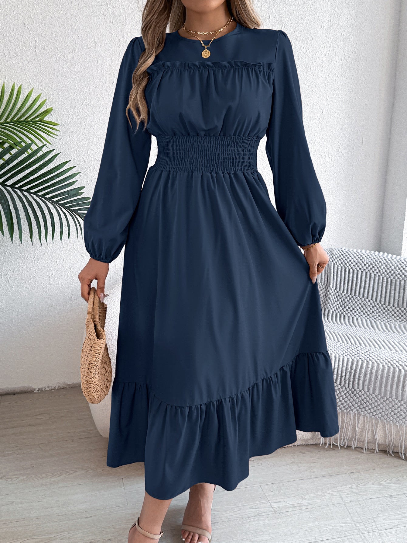 Autumn Winter Solid Color Elegant Wooden Ear Cinched Pleated Maxi Dress Women Clothing by Ragazza