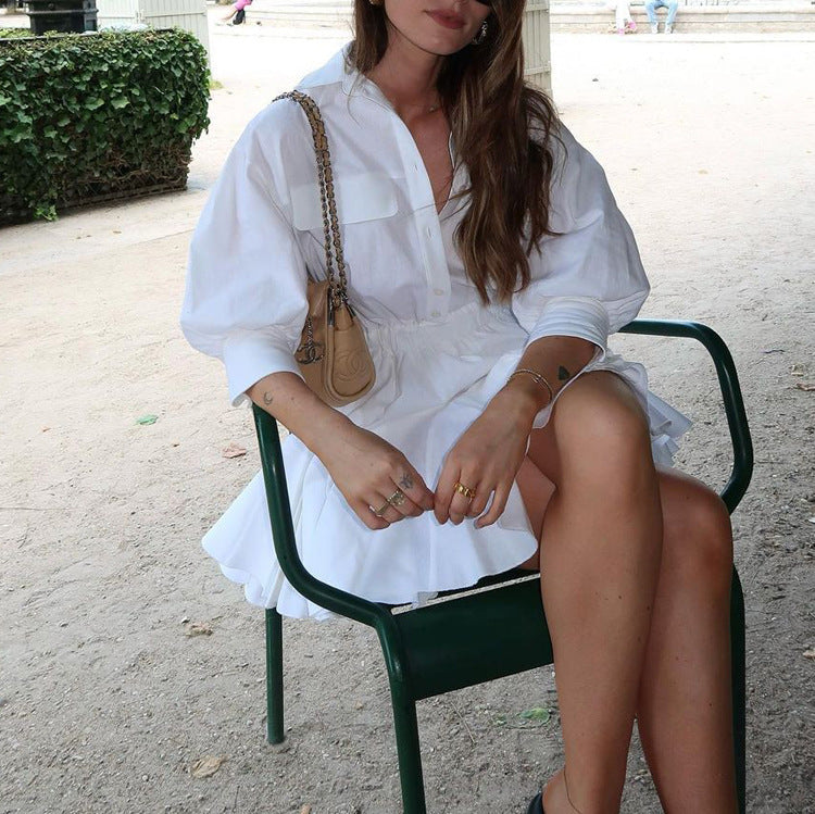 Women Clothing Casual Short A line Dress Cotton Collared 3/4 Sleeve French Shirt Dress by Ragazza