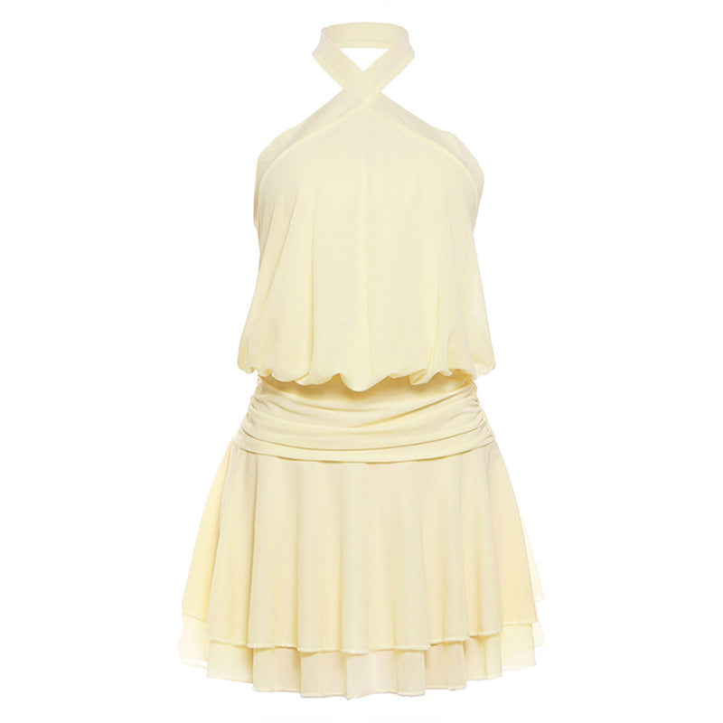 Spring Women Clothing Solid Color Slim Halter Sleeveless Backless Sexy Trend Pleated Dress Women DestGlow