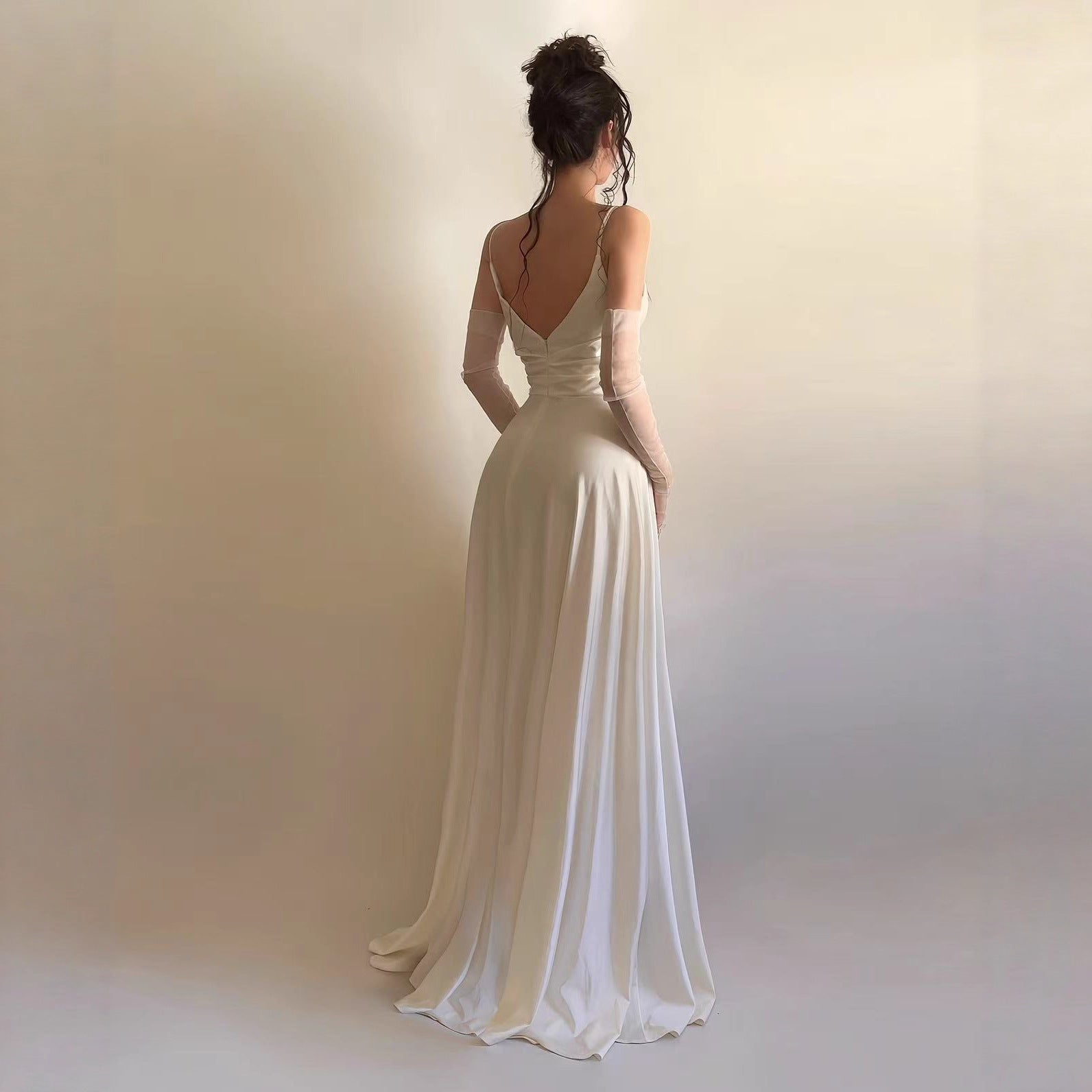 Autumn Winter Elegant Sexy Sling Slit V neck Pleated Ball Dress DestGlow