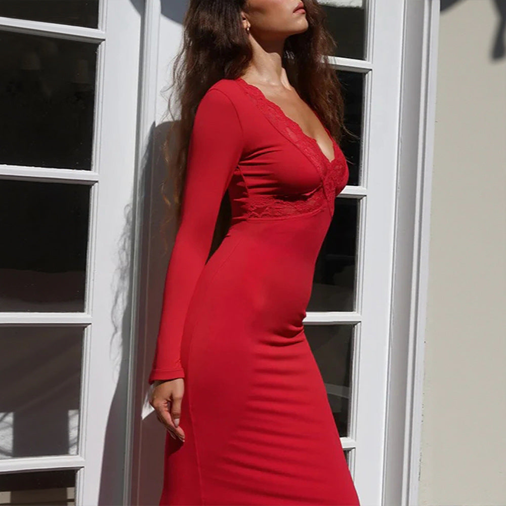Red V neck Lace Stitching Long Sleeved Slim Fit Sheath Fishtail Dress Elegant Sexy Dress by Ragazza