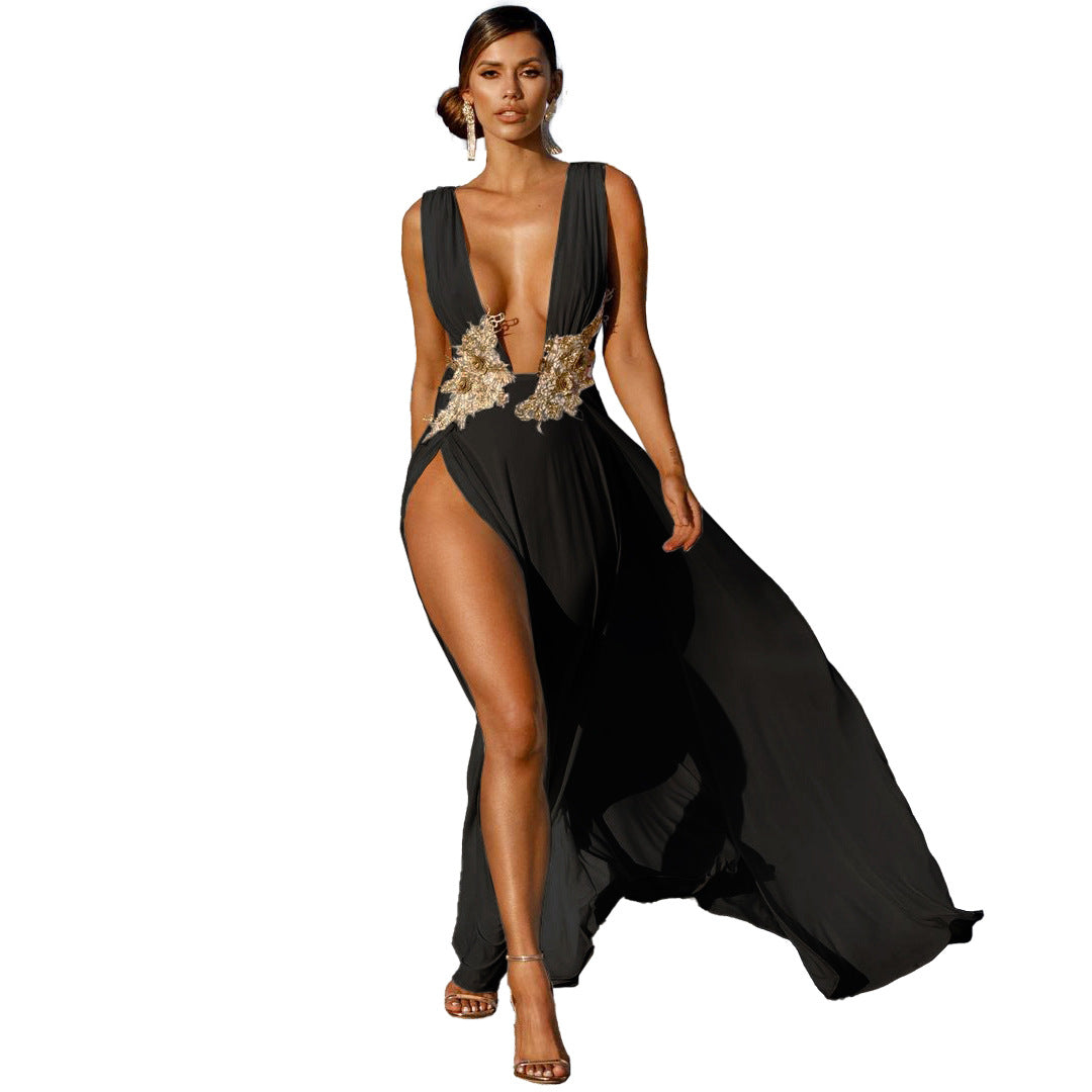 New Ladies Maxi Dress Sexy Fashion Wedding Evening Dress Deep V Plunge Plunge High Slit Part Large Swing Mop Dress by Ragazza
