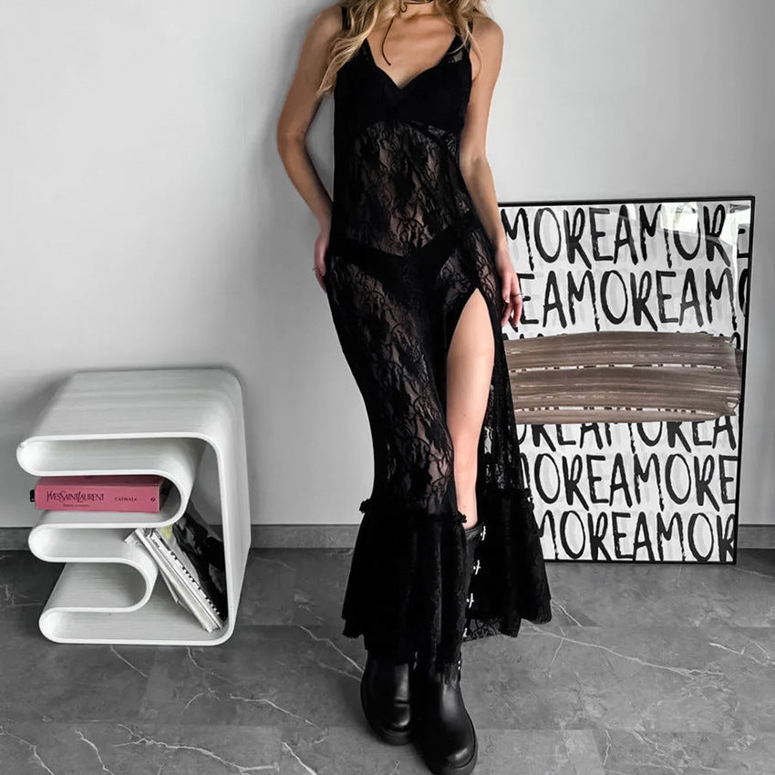 Sexy Black Brocade Lace Strap Maxi Dress Stitching Hollow Out Cutout out See through Dress by Ragazza