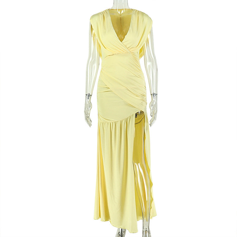 Solid Color Women Split Draped Sleeveless Waist Hip Dress V neck Pleated Dress DestGlow