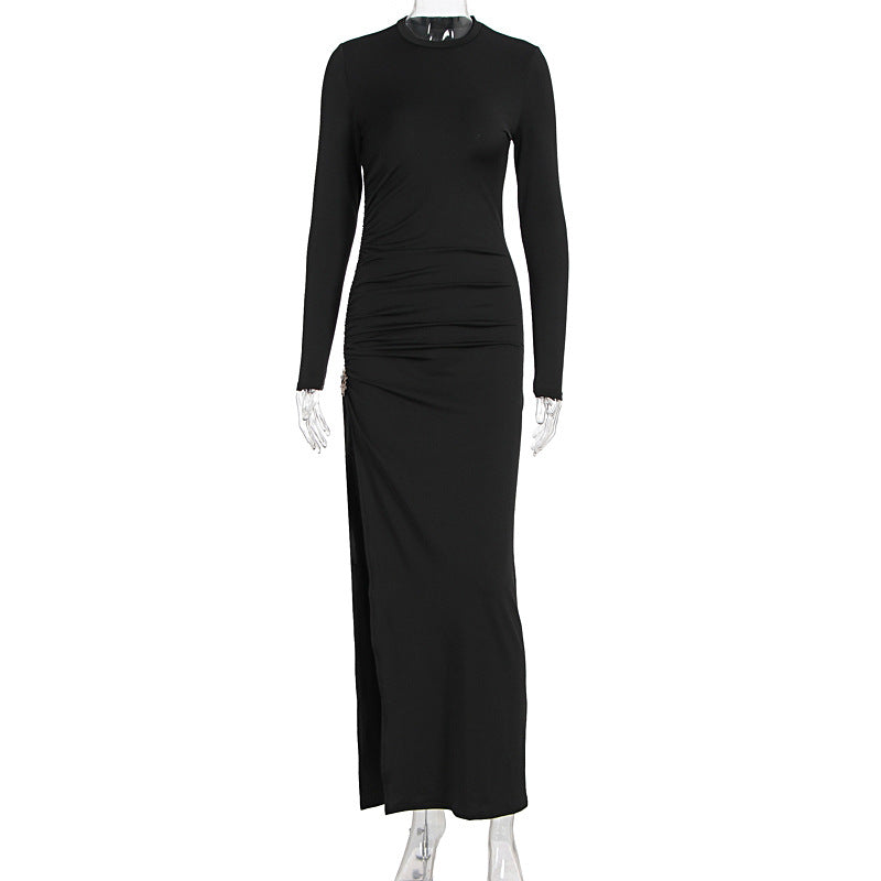 Early Autumn Women Clothing Long Sleeve Dress Lace up Slimming Slit Metal Decorative Maxi Dress Women by Ragazza