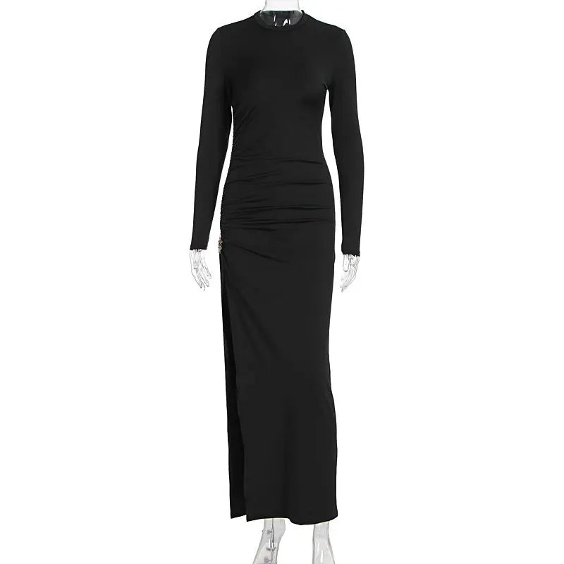 Early Autumn Women Clothing Long Sleeve Dress Lace up Slimming Slit Metal Decorative Maxi Dress Women
