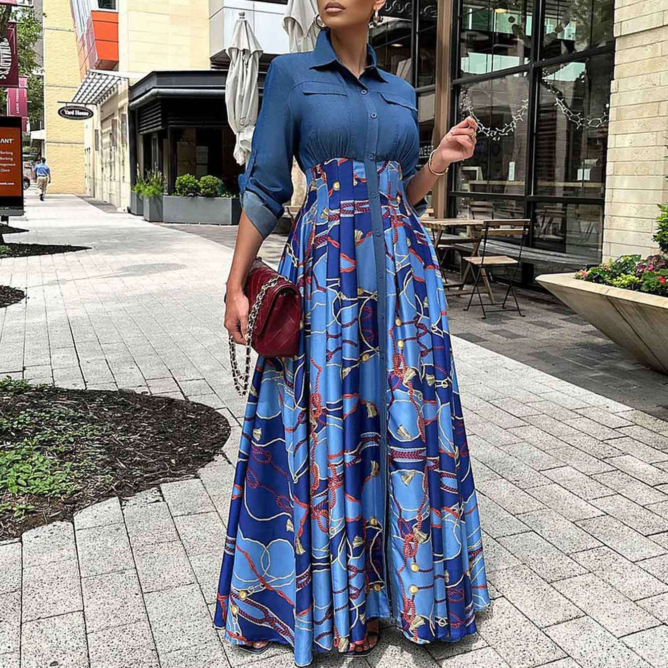 Autumn Winter Women Clothing Casual Denim Stitching Printing Maxi Dress Shirt Dress by Ragazza