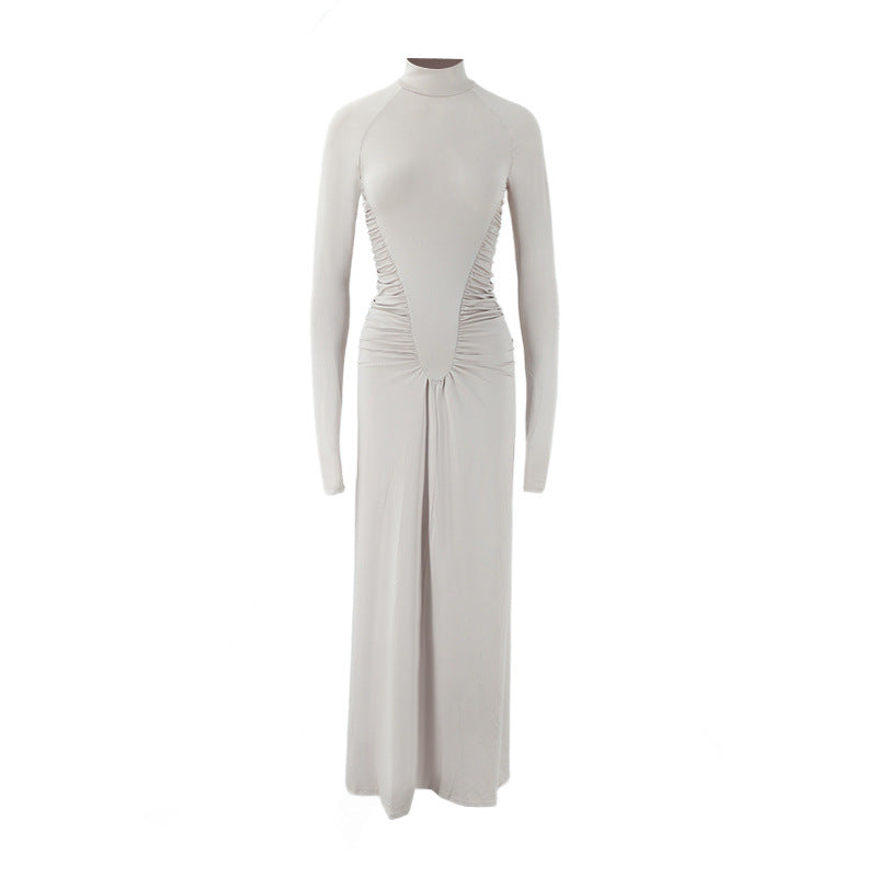 Women Clothing Turtleneck Long Sleeve Slim Fit Design Pleated Long Light Luxury Dress DestGlow