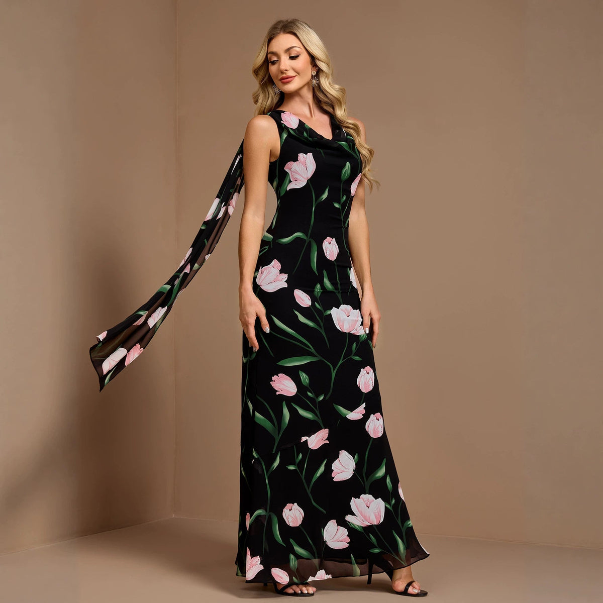 Women Summer Printed Sleeveless Large V Back U Neck A line Flared Sundress Ribbon Evening Dress DestGlow