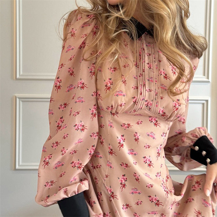Printing Color Contrast French Dress Women Design Pleated Collared Long Sleeve High Waist A line Dress by Ragazza
