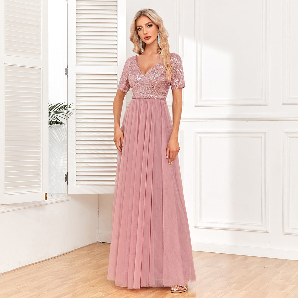 Women Elegant Short Sleeve Stitching Double V Neck A Line Tulle Evening Dress A Swing Sequined Dress by Ragazza