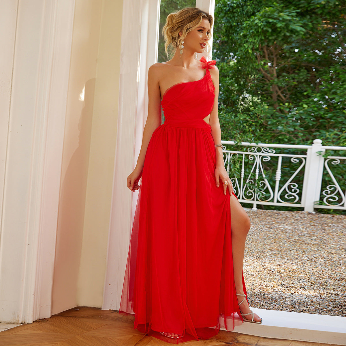 Women Clothing Shoulder Solid Color Voile Slit Slim Fitting Dress by Ragazza