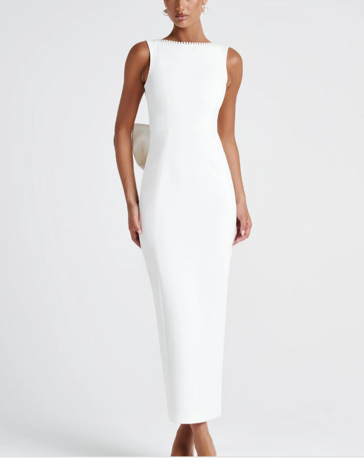 Socialite Black White Contrast Color Sleeveless Dress Spring Summer Sexy Backless Pearl Bow Dress DestGlow