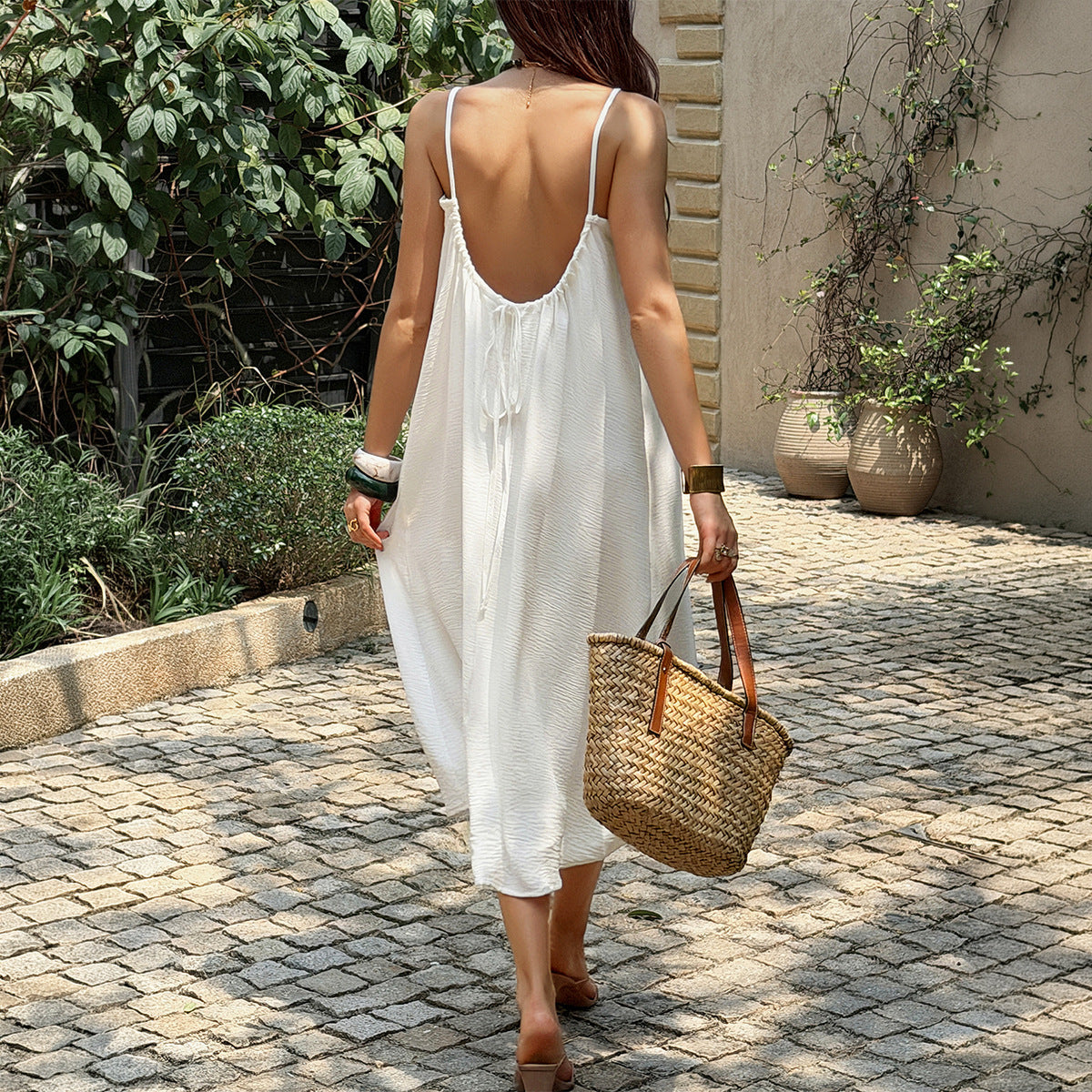 Women Clothing Summer French Vacation White Texture Pleated Dress DestGlow