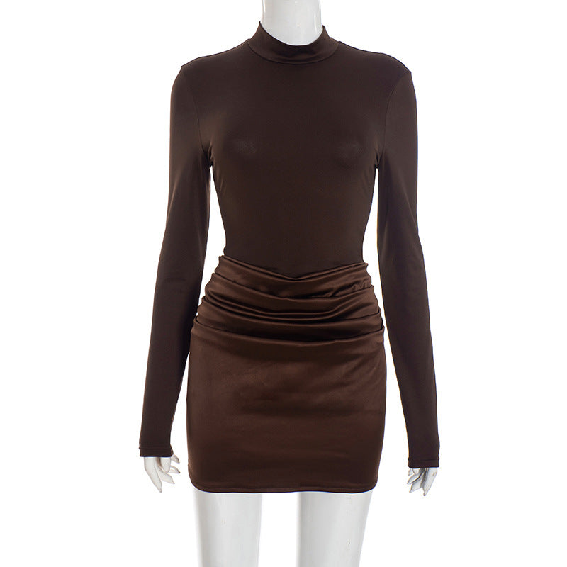 Women Clothing Autumn Winter Graceful Fashionable Half Turtleneck Tight Expensive Satin Pleated Dress by Ragazza