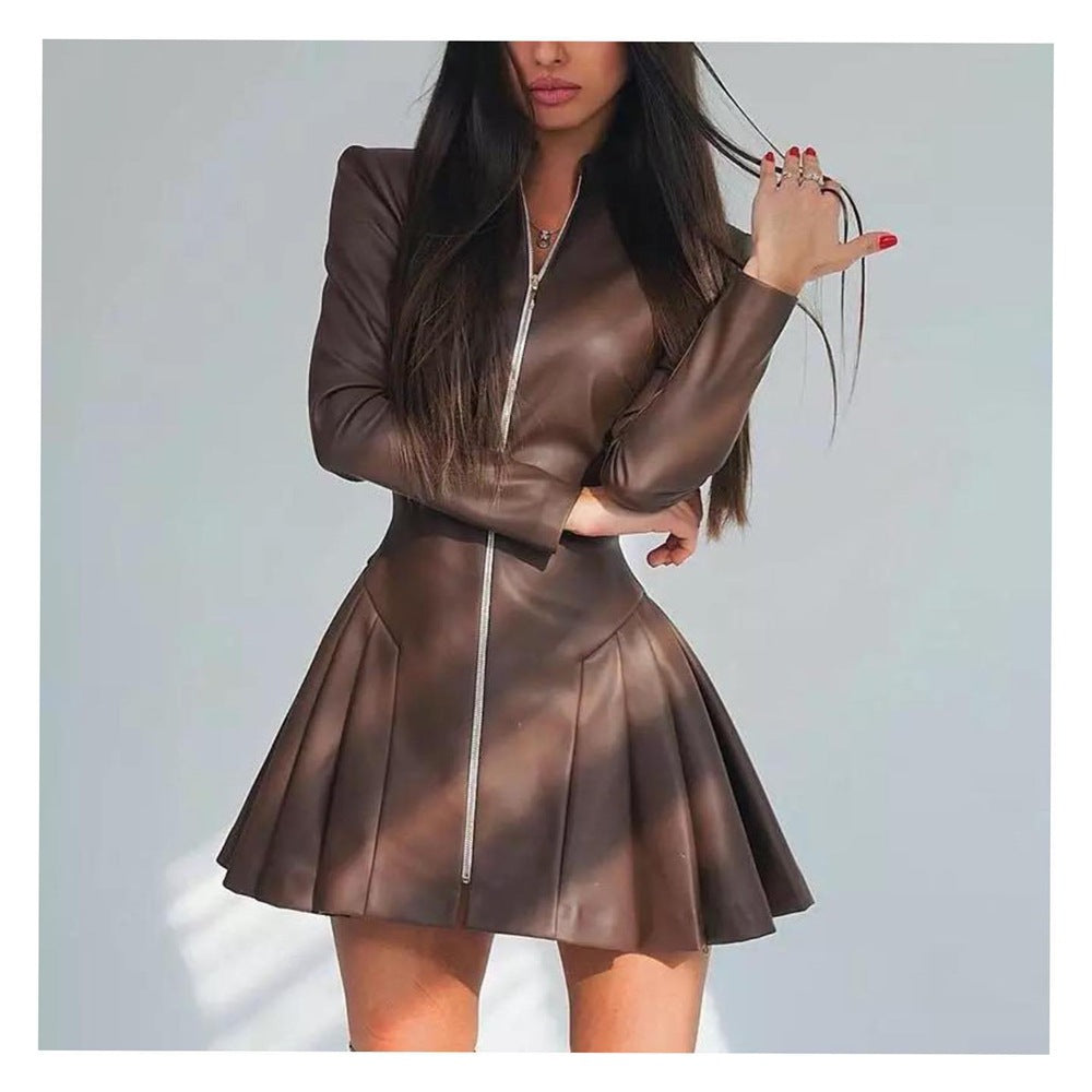 Women Fashionable Fitted Long Sleeve Pleated Faux Leather Zipper Dress by Ragazza