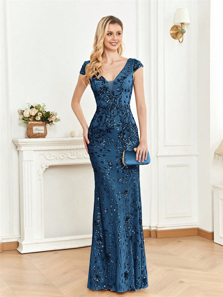 Sequined Champagne Evening Dress Women Cocktail Sexy Slim Fit Fishtail Long Toast Dress by Ragazza