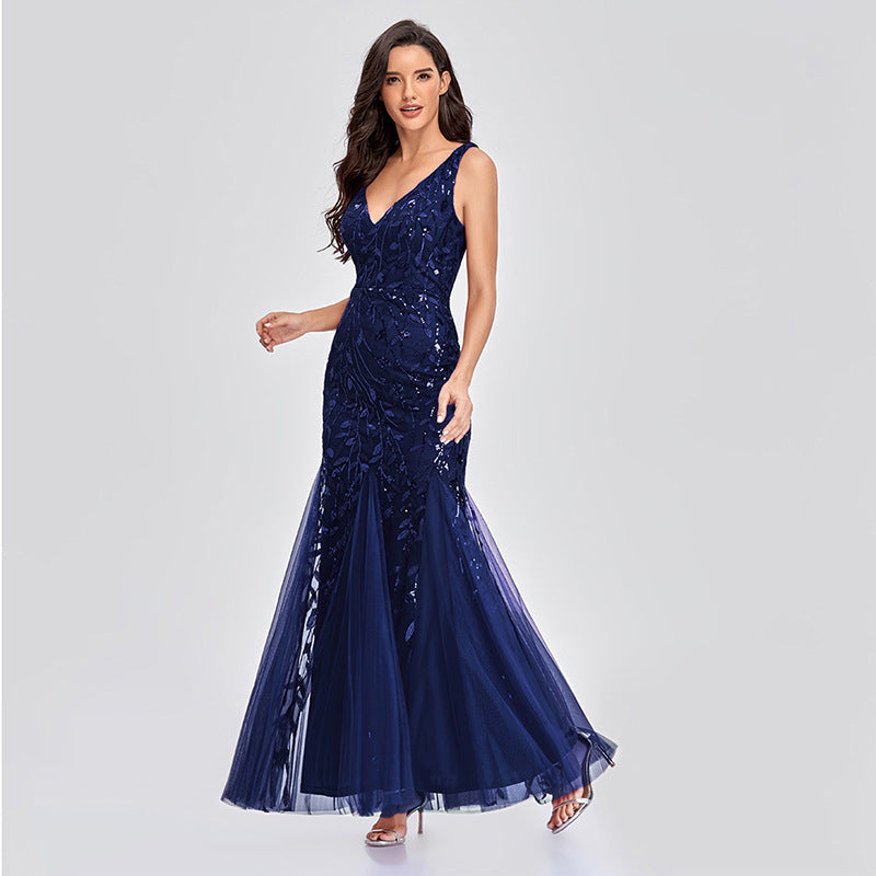 Evening Dress V neck Tulle Embroidered Sequ Sexy Mermaid Prom Dress Women Formal Dress by Ragazza