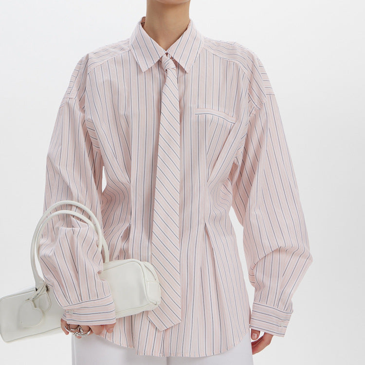 Office Printed Striped Shirt Women Polo Collar Long Sleeve Tie Cinched Blouse by Ragazza