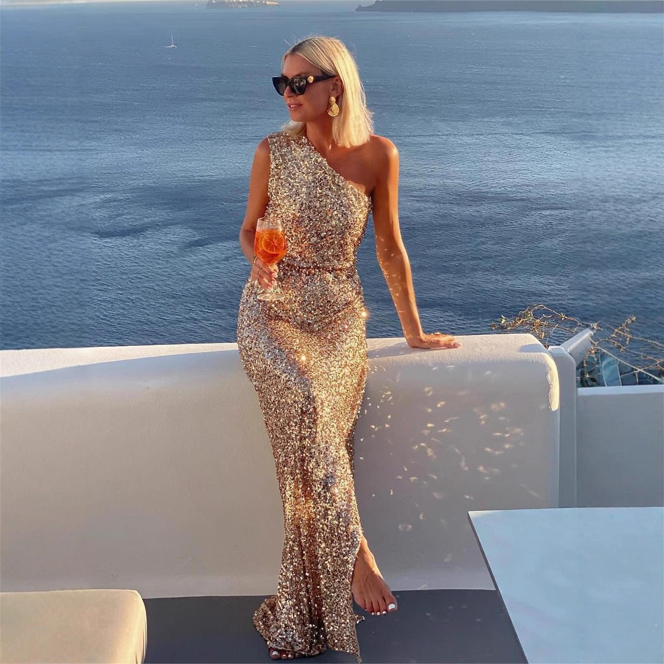 Summer One Shoulder Split Sequined off Shoulder Elegant Dress by Ragazza