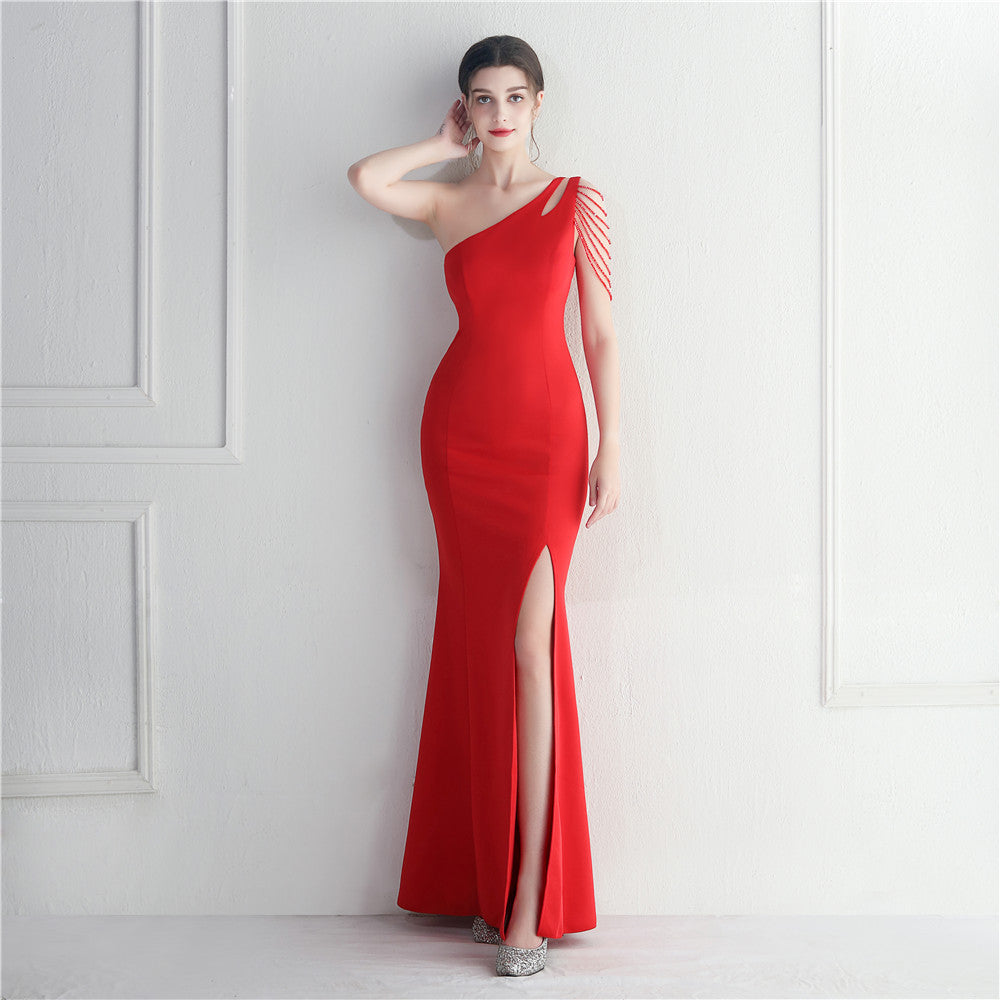 Craft Beaded One Shoulder Diagonal Collar Split Maxi Dress Performance Dinner Dress by Ragazza