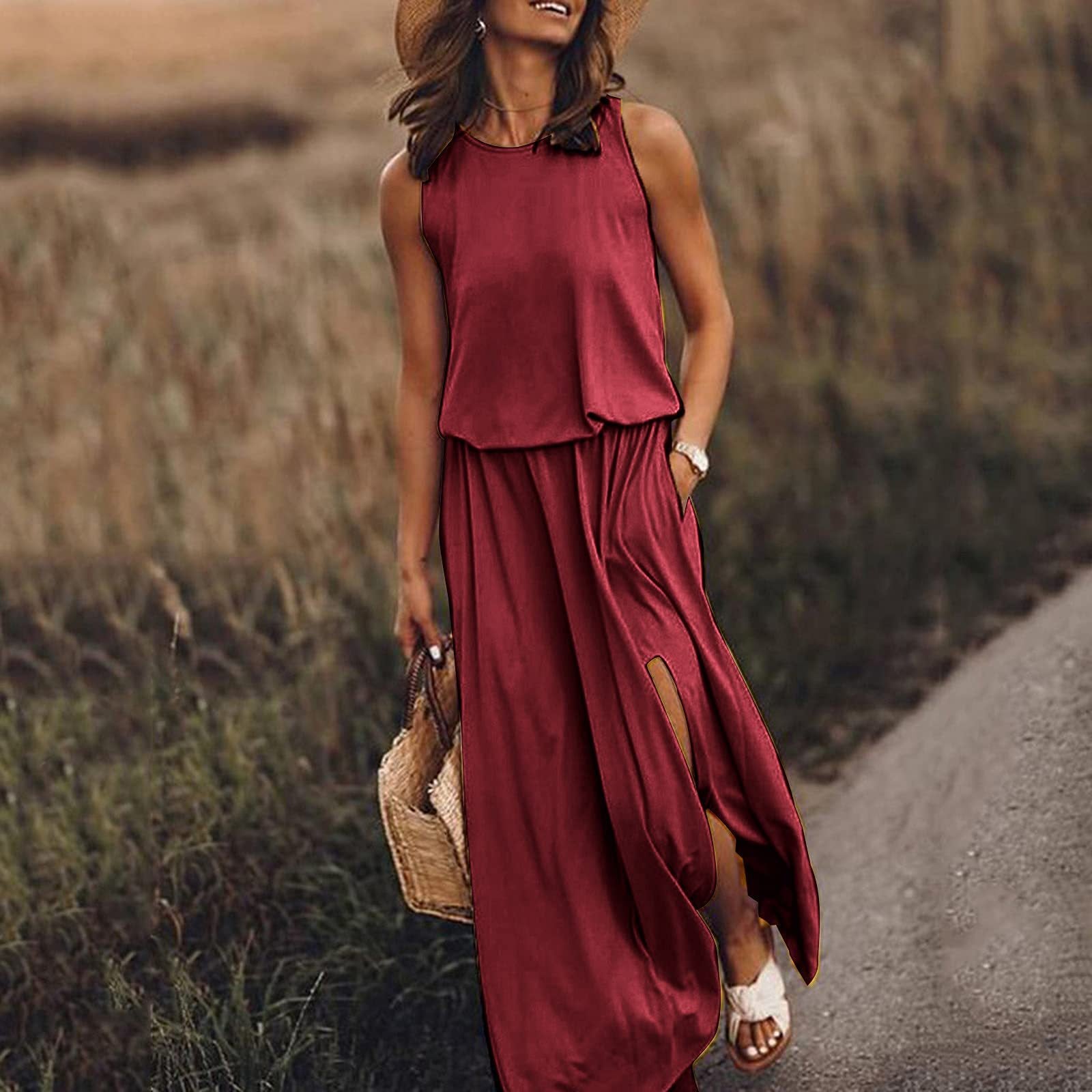 Spring Summer Women Clothing round Neck Sleeveless Dress Split Solid Color Casual Office Dress by Ragazza
