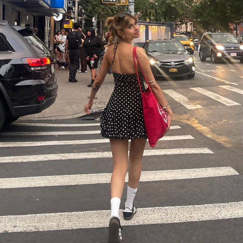 Sweet Little Short Dress Polka Dot Printed Waist Controlled Tube Top Halter Dress by Ragazza