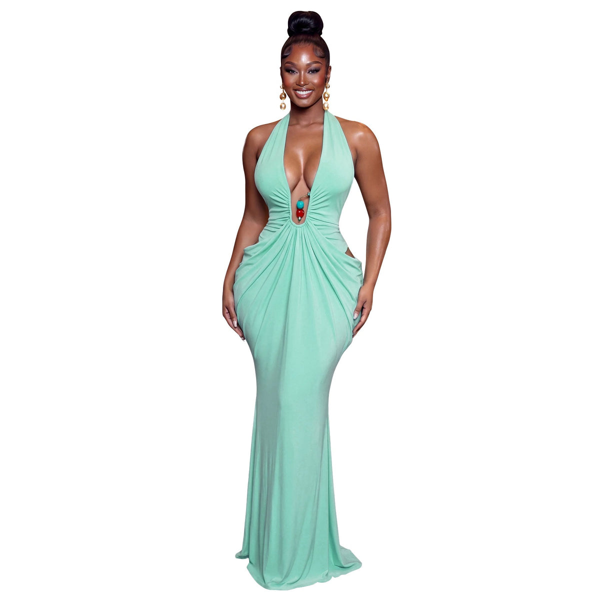 Women Clothing Elegant Halter V neck Sexy Backless Lace up Pleated Maxi Dress DestGlow