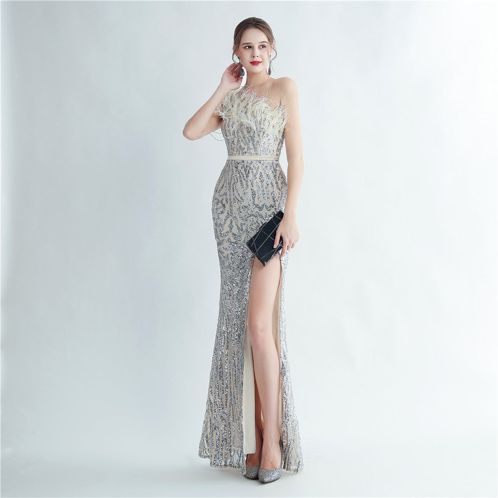 Heavy Industry Ostrich Hair Craft Beading Hair Oblique Shoulder Side Slit High End Evening Dress by Ragazza