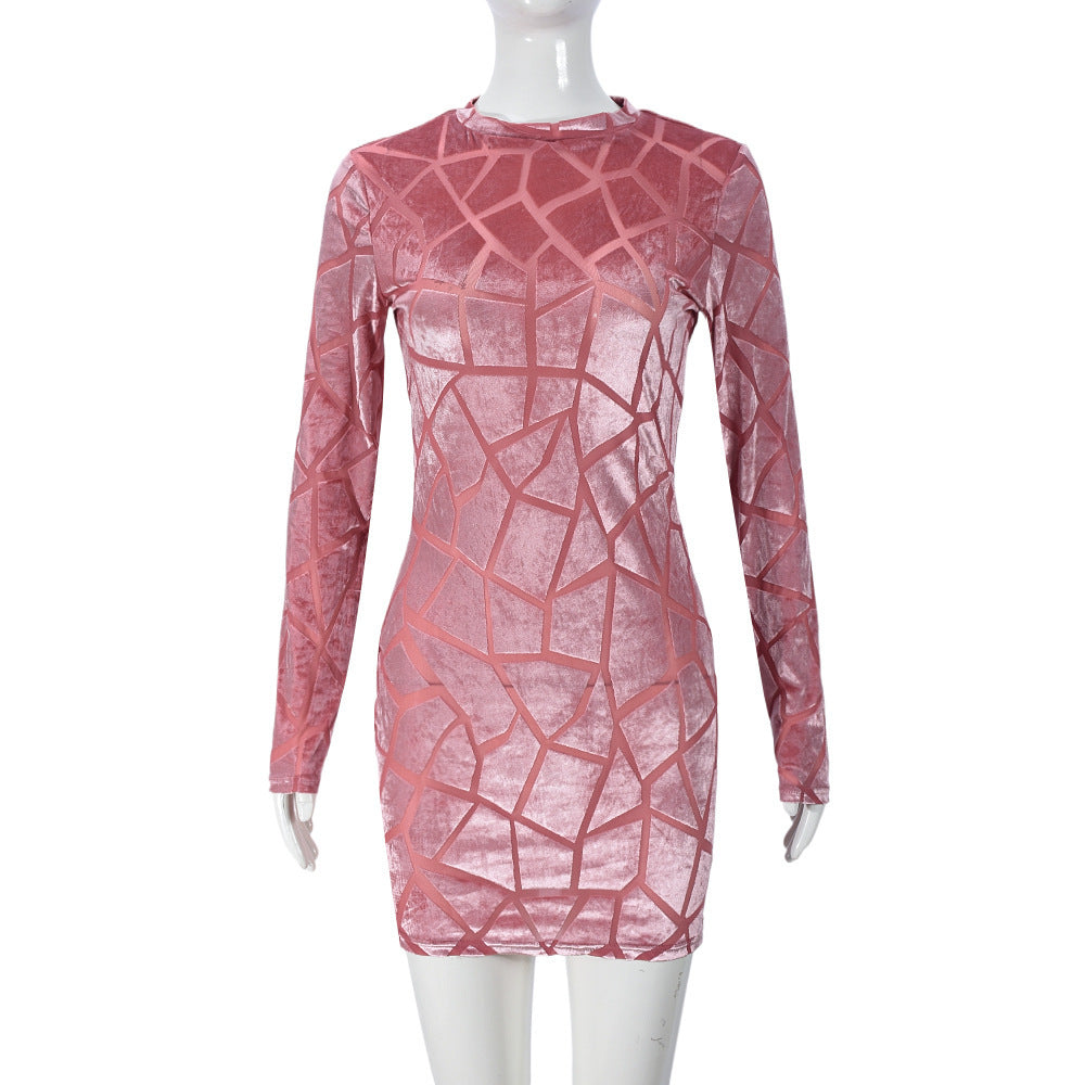 Women Hip Wear round Neck Long Sleeve Flocking Sexy Short Hip Dress by Ragazza