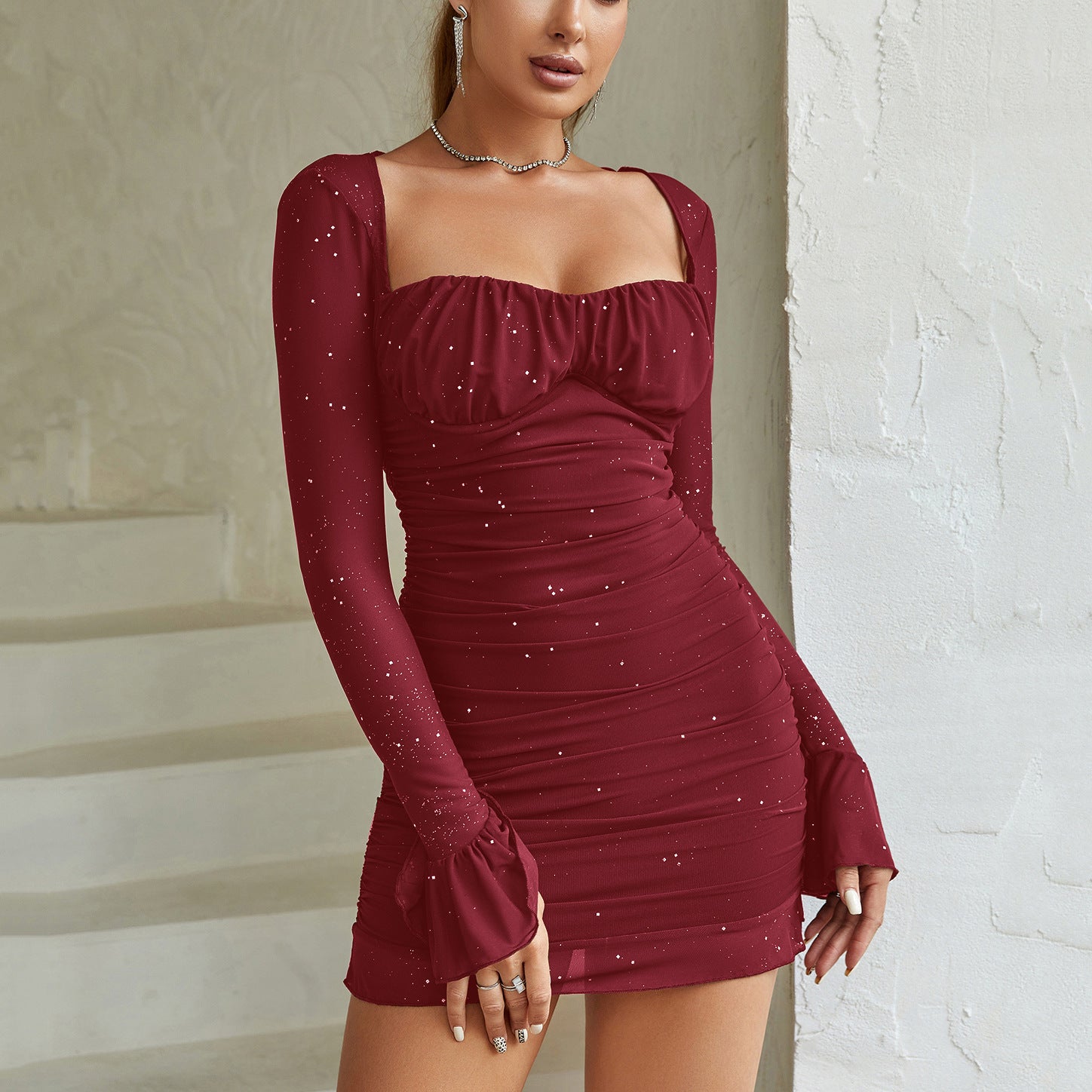 Mesh Long Sleeve Dress Sexy See through Steel Ring Sequined Square Collar Backless Dress by Ragazza