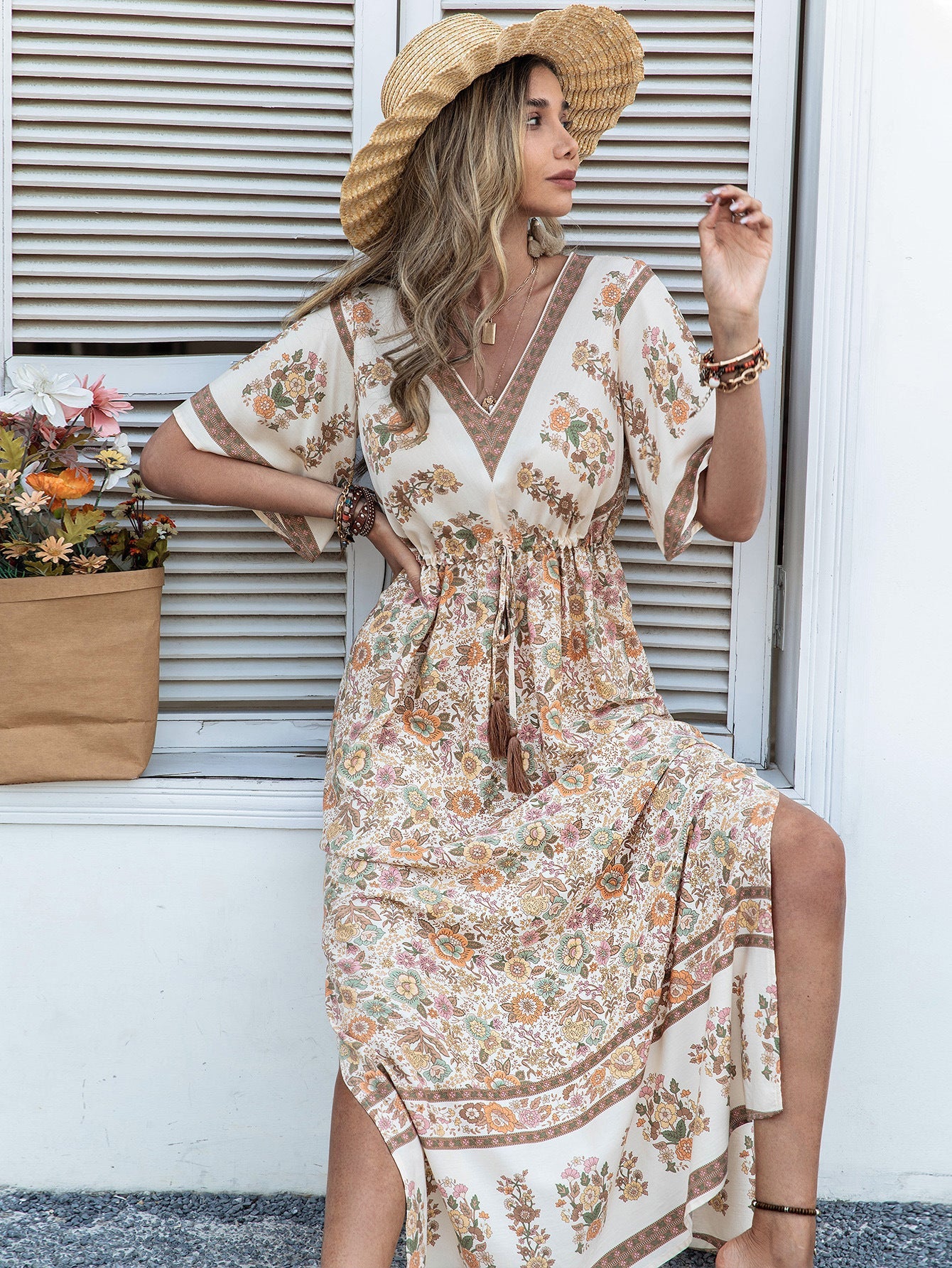Women Bohemian Beige Printed Dress Long Tassel by Ragazza