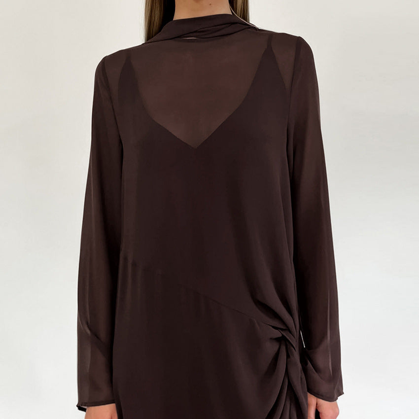 Spring Summer Arrival Mesh See through round Neck Long Sleeve Lace up Bow Split Dress Women by Ragazza