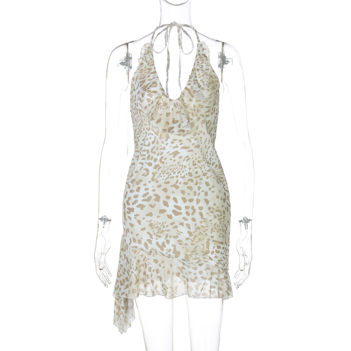 Summer Sexy Leopard Print Printed Sexy Deep V Plunge Sheath Wooden Ear Halter Dress Women by Ragazza